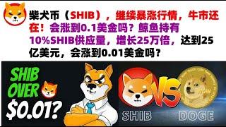 柴犬币（SHIB），继续暴涨行情，牛市还在！会涨到0.1美金吗？鲸鱼持有10%SHIB供应量，增长25万倍，达到25亿美元，最初投资仅1万美元，会涨到0.01美金吗？shib币|柴犬币|屎币行情分析！