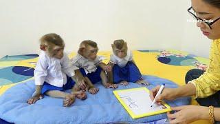 Three Adorable Very Patient  When Learn To Write Their Name With Mom In English