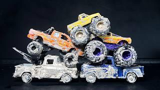 Washing toy cars monster trucks and pickups after dirty trophy rally