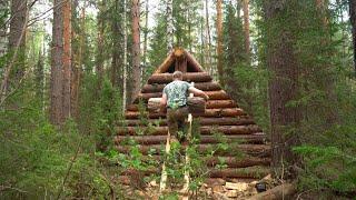 I'M BUILDING A BIG AND WARM LOG CABIN. LOG WALL. 4 DAYS IN THE FOREST ALONE.