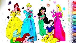 Disney Princess Ariel, Cinderella, Jasmine,Belle,Snow white and Aurora Coloring Page Coloring Video