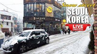 Live Seoul Walk  Korean Food Street Walking Tour ️ Seoul Gangnam Snow Street Walking ️