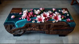 A Beautiful Piece & Work Is Worth Seeing: A Coffee Table Is Combined From Dark Wood, Flower & Epoxy