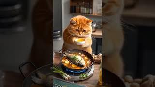 This Orange Cat Is Cooking Fish Stew! #catcooking #salmon #shorts