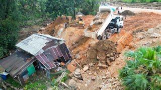 Incredible! Land filling 10 Wheels Trucks Unloading & Dozer D41P Pushing Rocks into the Farm House