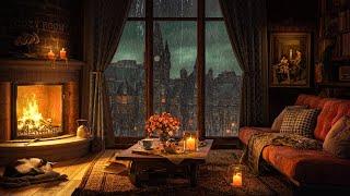 A Rainy Day in Cozy Room Ambience  Piano Jazz Music, Crackling Fire, Rain Sounds for Sleep & Focus