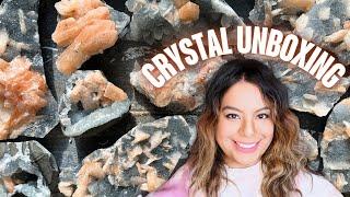 Wholesale Crystal Unboxing Blue Chalcedony with Peach Stilbite Flowers from India!