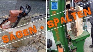 Brennholz sägen + spalten mit Stihl Motorsäge + Posch Holzspalter, cutting + splitting firewood