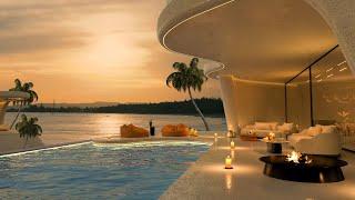 Smooth Piano Jazz Music in a Summer Cozy Apartment  Relaxing Beach Sunset View & Fireplace Sounds