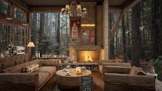 Rainy Wood Cabin in the Forest | Cozy Coffee Shop Ambience  Jazz Music for Study, Work and Sleep