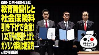 【国民の敵】自民・公明・維新の3党 教育無償化と社会保険料引き下げで合意！103万円の壁引き上げとガソリン減税は絶望的に批判殺到