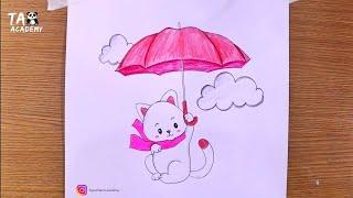 Cute cat flying with umbrella pencildrawing@Taposhikidsacademy