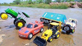 Tata Truck Trailer Accident Pulling Out JCB Bugatti Car John Deere Tractor ? Jcb Gadi Cartoon CS Toy