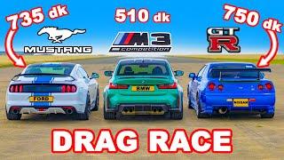 Nissan Skyline R34 GT-R 750 dk v Mustang 735 dk v BMW M3: DRAG RACE