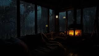 Warm Fireplace in Cozy Cabin | Shelter at Night on Rainy Forest for Deep Sleep