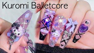 Kuromi Balletcore Nails! Chic Yet Cute  Long-Lasting Nail Art Tutorial/Gel Extensions/Drawing/ASMR