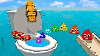 Mega Rainbow Poop Emoji Jump in Toilet Transform to McQueen And Huge & Tiny PIXAR CARS! BeamNG.Drive