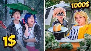 Camping for $1 vs $1000! Ladybug with Luka with tents vs Chloe and Adrien!