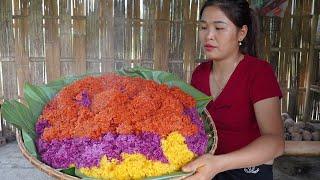 Traditional process of cooking sticky rice and bringing it to the market to sell