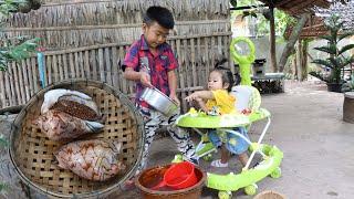 Smart brother in countryside take care sister carefully / Brother cook food for sister