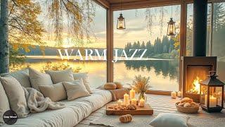 4K Lakeside Forest Winter Ambience - Nature Retreat with Relaxing Jazz & Crackling Fireplace