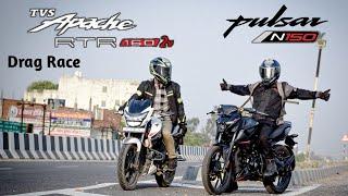 TVS Apache RTR 160 2V E20 Vs Bajaj Pulsar N150 | Drag Race