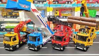 Collection Of Diecast Trucks : Logging Truck, Passenger Stair Truck, Fire Truck, Crane Truck