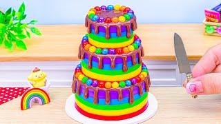 Miniature Rainbow Buttercream Decorating | Beautiful 3-Tier Melting Rainbow Cake Recipe By Mini Cake