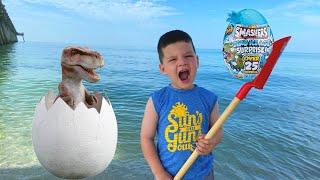 Dinosaur EGG on the BEACH!! Caleb & Mommy Find Giant Surprise Eggs in the Sand! Caleb Pretend Play