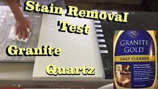 Stains on Granite and Quartz: Granite Gold Cleaner Test.  How to Remove.