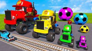 4 MONSTER TRUCKS vs Big & Small Long Mack Truck with Ball vs Train Thomas - BeamNG.Drive