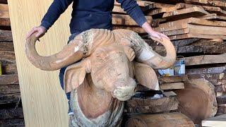 How To Carve Cape Bufallo from Suar Wood -  Master Wood Carving