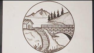 How To Draw House And Bridge // Bridge And House Scenery Drawing With Pencil // Landscape Drawing