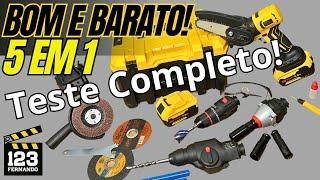 TESTE COMPLETO KIT DE FERRAMENTAS 5 em 1. FURADEIRA/CHAVE DE IMPACTO/ESMERILHADEIRA/MOTO SERRRA E +