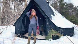 CAMPING IN ICY SNOW STORM WITH HOT TENT ︎ CAMP ASMR