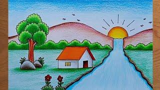 How to draw beautiful scenery (very easy)//របៀបគូរទេសភាពងាយៗ