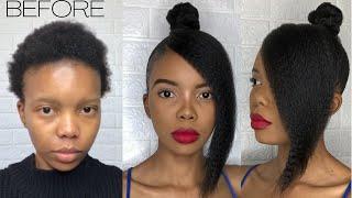 HOW TO DO A TOP KNOT BUN WITH A SIDE BANG/SWOOP ON SHORT NATURAL 4C HAIR + TAKEDOWN