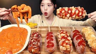 SUB)Crispy Cheese Corndog with Spicy Buldak Cream Tteokbokki Mukbang Asmr