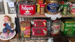 SHELVES IN KITCHEN WITH VINTAGE TINS, WATTS APPLE POTTERY & SMALL YARD SALE HAUL & GIFT