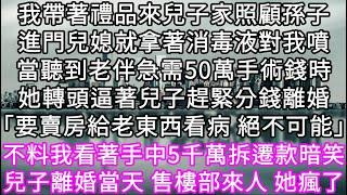 我帶著禮品來兒子家照顧孫子進門兒媳就拿著消毒液對我噴當聽到老伴急需50萬手術錢時她轉頭逼著兒子趕緊分錢離婚「要賣房給老東西看病 絕不可能#心書時光 #為人處事 #生活經驗 #情感故事 #唯美频道#爽文