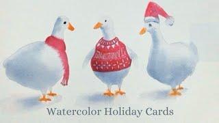 EASY Watercolor Christmas Card for Beginners. How to paint ducks for HOLIDAY CARDS?