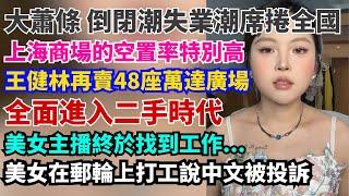 大蕭條，倒閉潮失業潮席捲全國。上海商場空置率特別高，全面進入二手時代。王健林再賣48座萬達廣場。美女主播找到工作，但是一點都不開心。美女在郵輪上打工說中文被投訴。汽車行業的恆大已經出現。