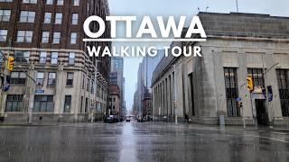 Downtown Ottawa Heavy Rain Walking Tour | 4K Relaxing City Ambience