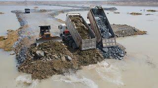 Unthinkable Building Road Crossing long water with Team Operator Dump Truck, Bulldozer Work actively