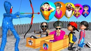 Scary Teacher 3D Miss T vs 3 Neighbor vs Huggy Wuggy Through Balloons Mask and Doll Squid Game