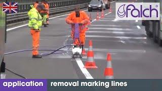 Marking removal of e.g. road markings, marking lines and paint using high-pressure water jets