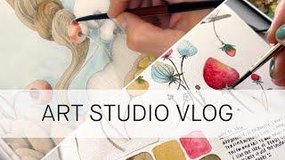 art studio vlog  watercolor painting, sketching, swatching, organizing