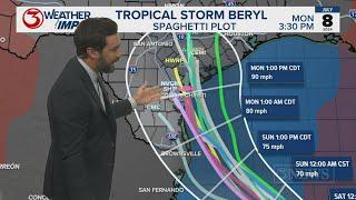 Hurricane watch issued for Beryl after weakening in Mexico; tropical storm now heads toward Texas