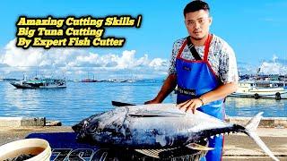 The best sharp machete! Cutting large yellowfin tuna by Master tuna cutter at Jempur fish market