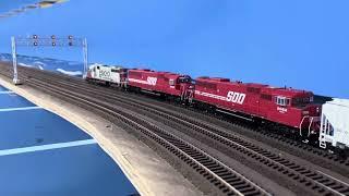 BN/SOO trains meet on the Southern Transcon Model Railroad.